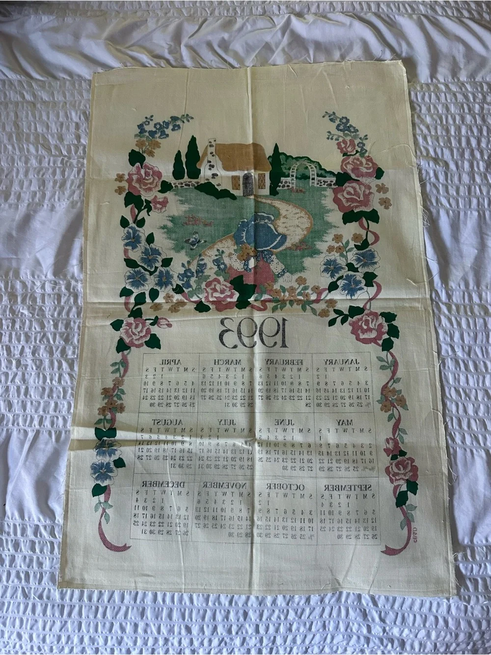 1993 Floral Calendar Tea Towel - Cream and Green